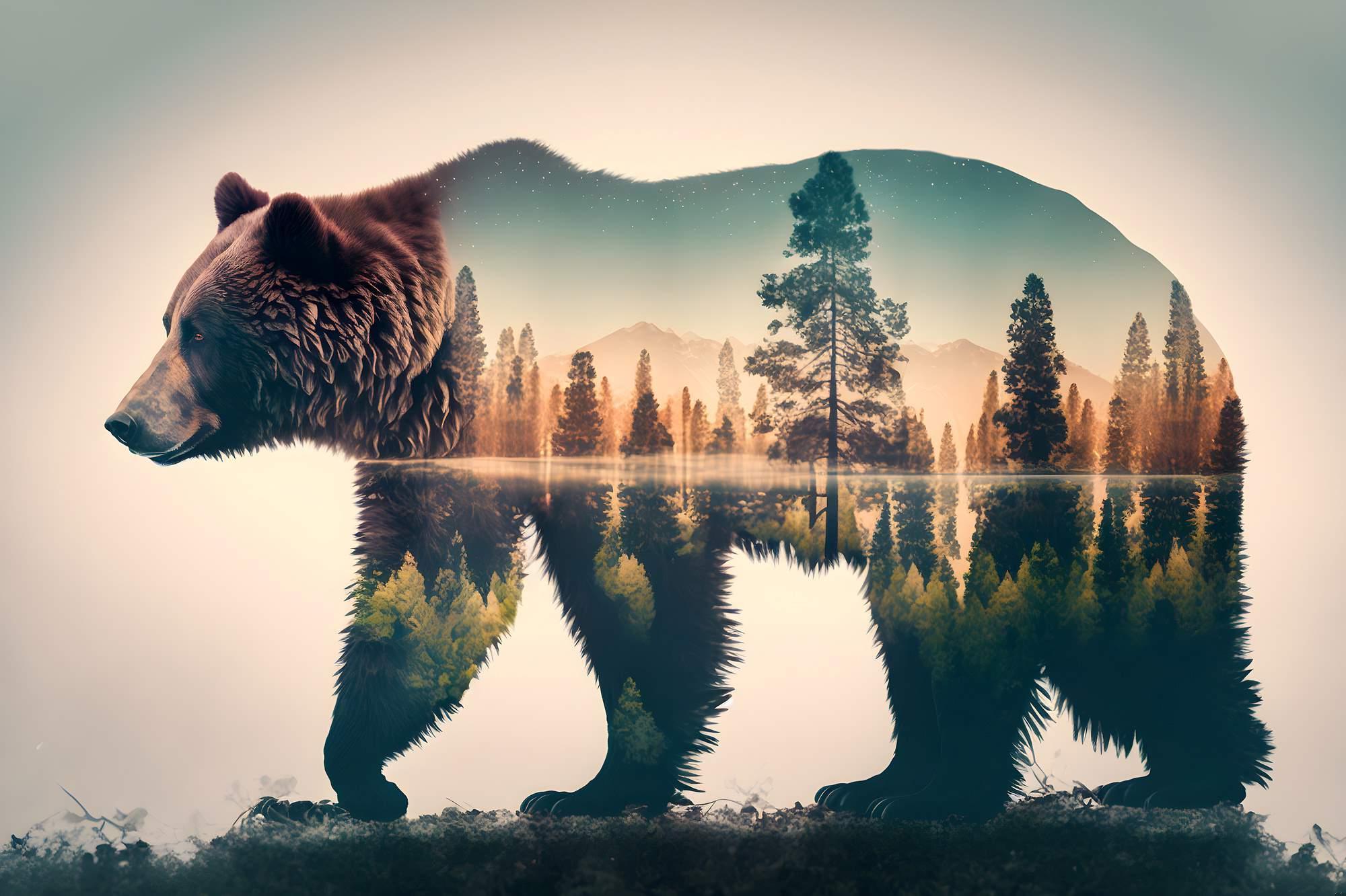 Double exposure bear and mountain lake design file showing intricate pattern details