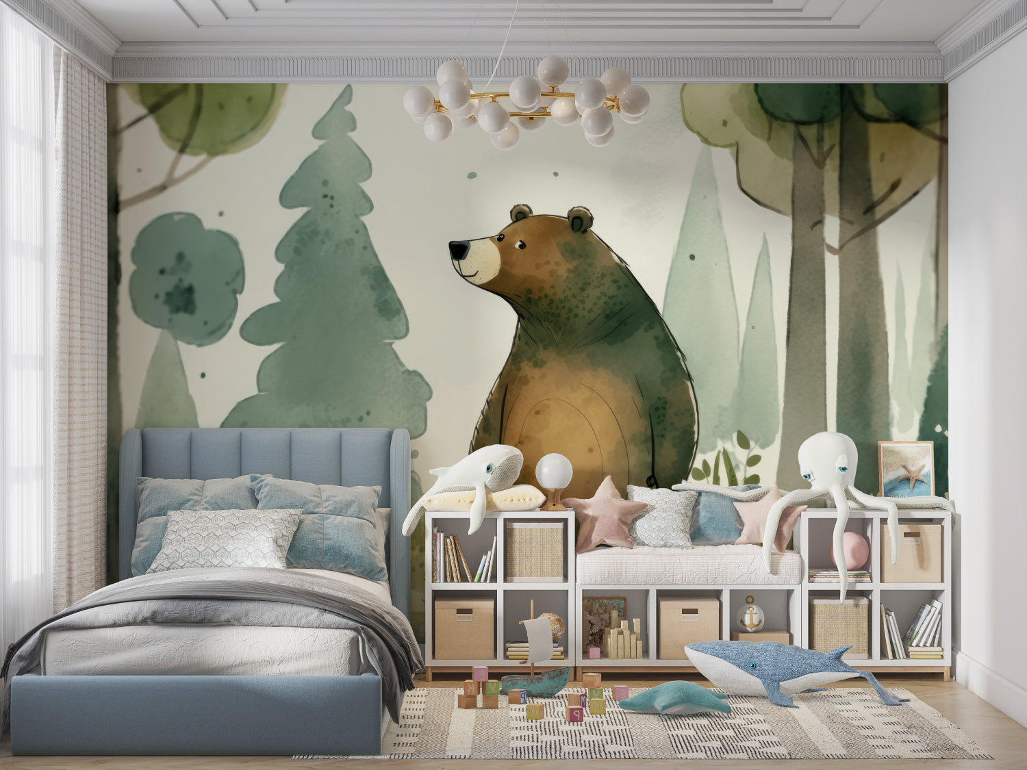 Bear forest wallpaper displayed in a modern living room setting with natural light