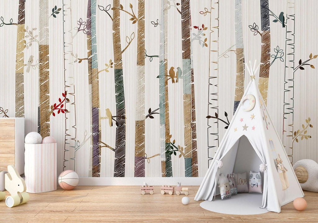Forest birds wall mural brightening a cozy reading nook with natural elements