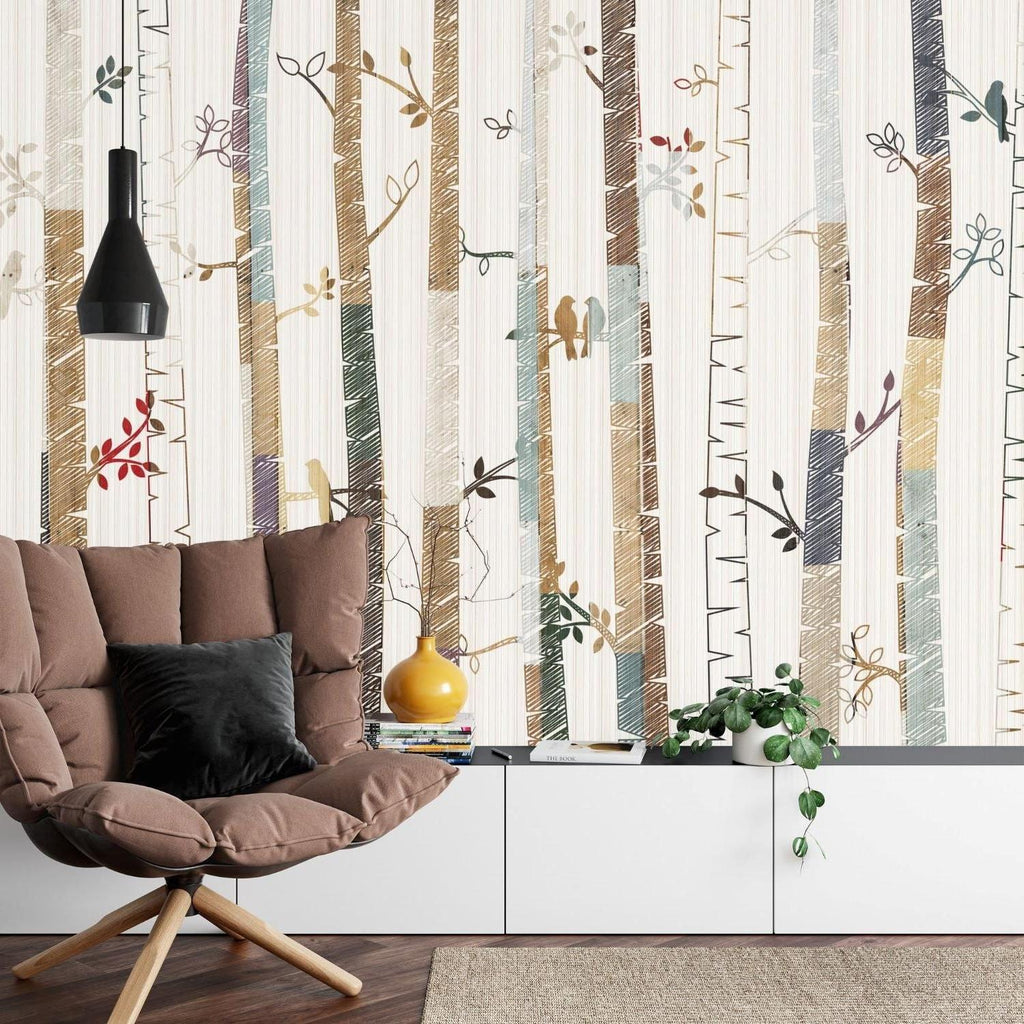 Dining room featuring nature-inspired birch tree wall mural