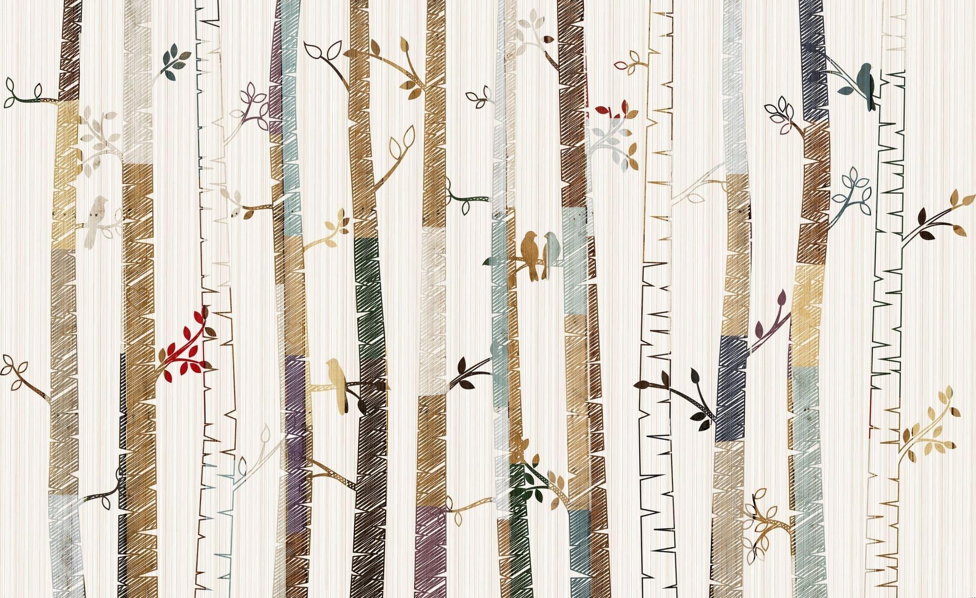 Forest birds wallpaper design file showing intricate birch tree pattern and nature elements
