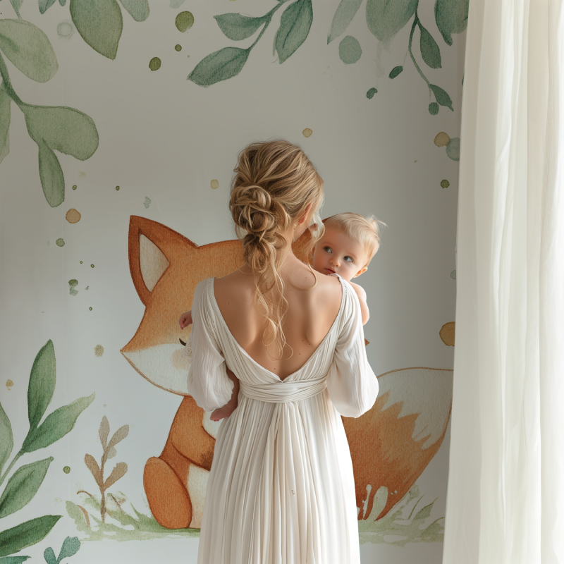 Fox mural wallpaper styled in minimal Scandinavian nursery