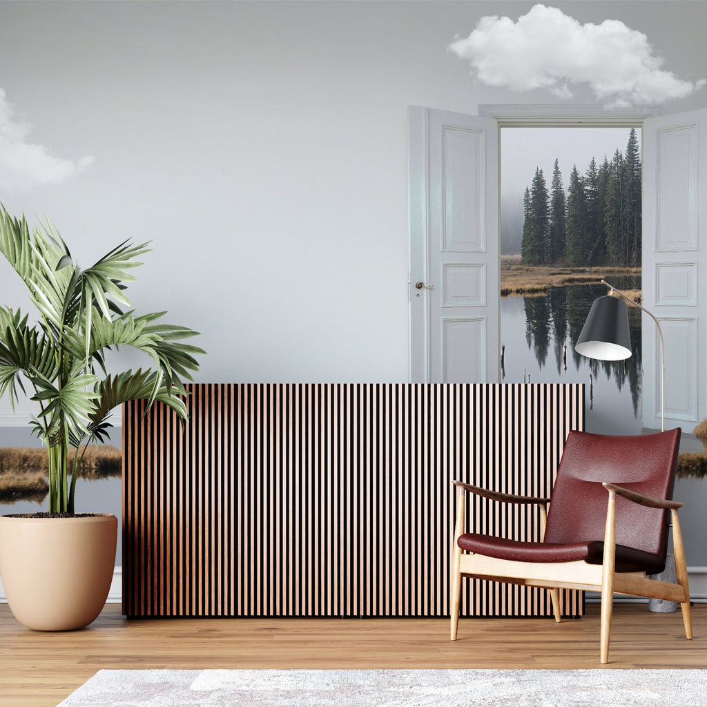 Pine tree portal wallpaper making a small home office feel spacious and connected to nature
