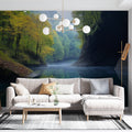 Forest Lake Mural Wallpaper creating a stunning focal point in modern living room, mountain reflection adds depth
