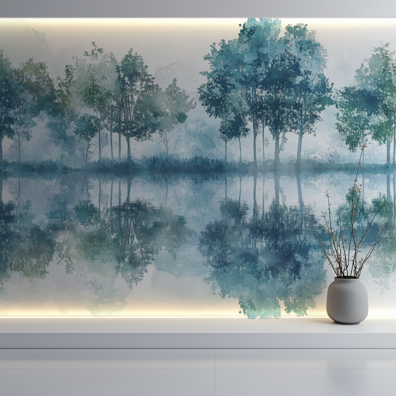 Forest Lake Mural Wallpaper creating depth in modern living room, misty trees reflected in still waters