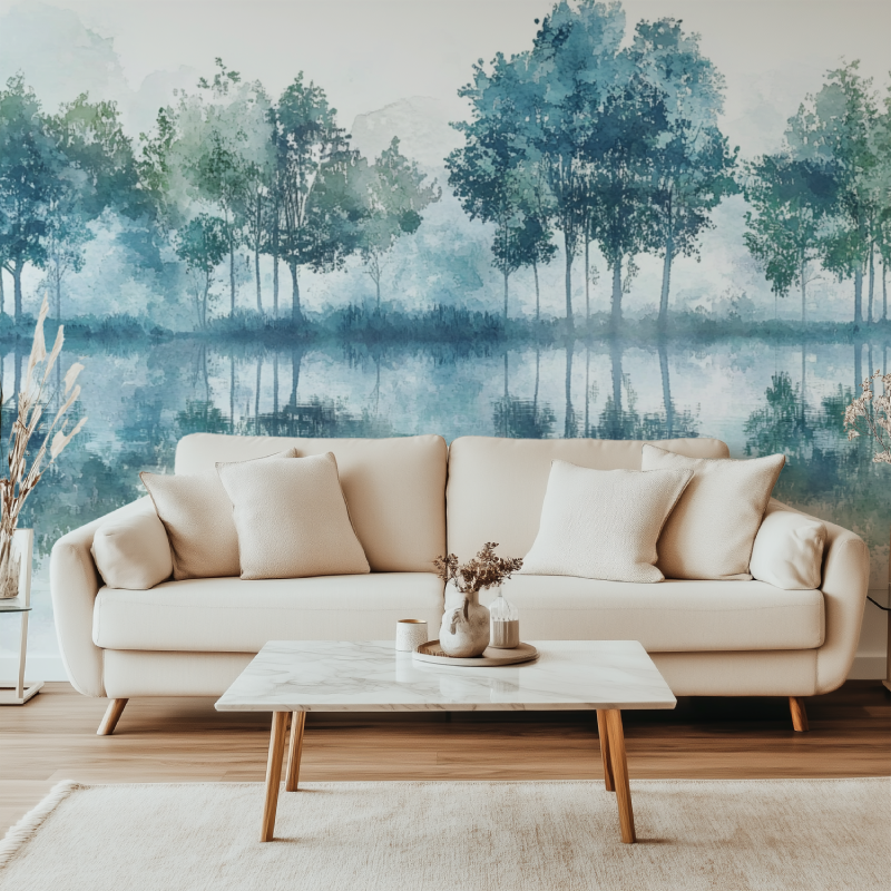 Home office with Forest Lake Mural showing misty morning lake scene
