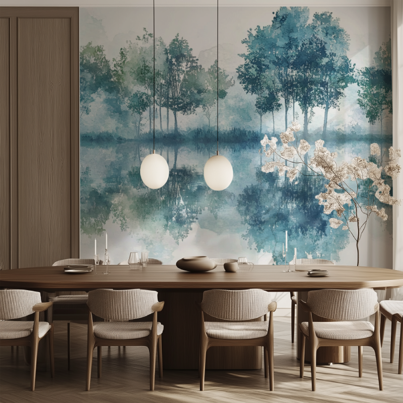 Dining room transformed by Lake Forest Wallpaper with tree reflections
