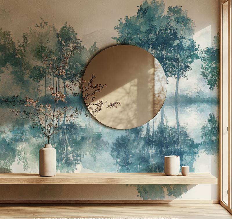 Meditation room featuring calming Forest Lake Mural with water mirror effect