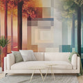 Modern geometric forest wallpaper creating a striking focal point in a minimalist living room with gradient colors