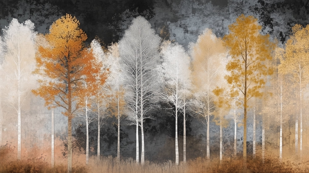Watercolor forest wallpaper design file showing detailed autumn birch tree pattern