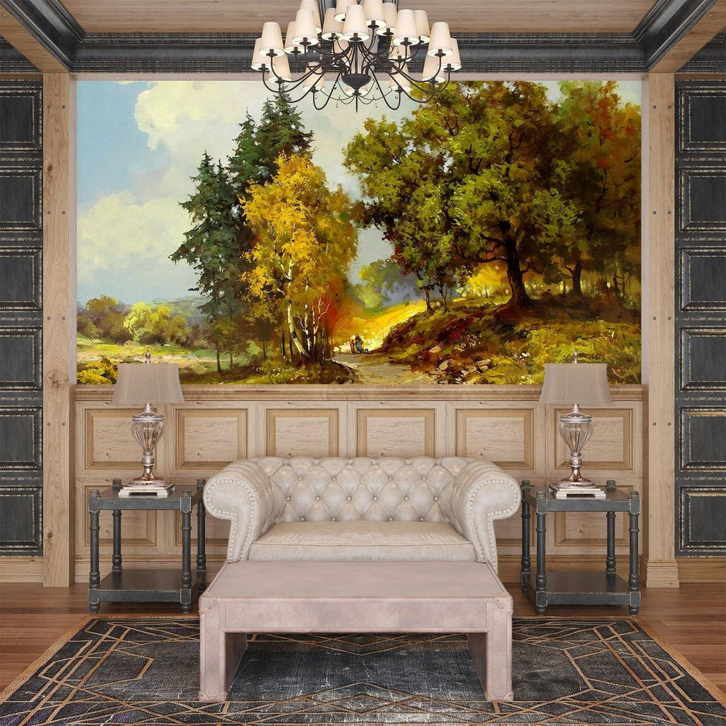 Woodland wallpaper with golden path in cozy bedroom setting