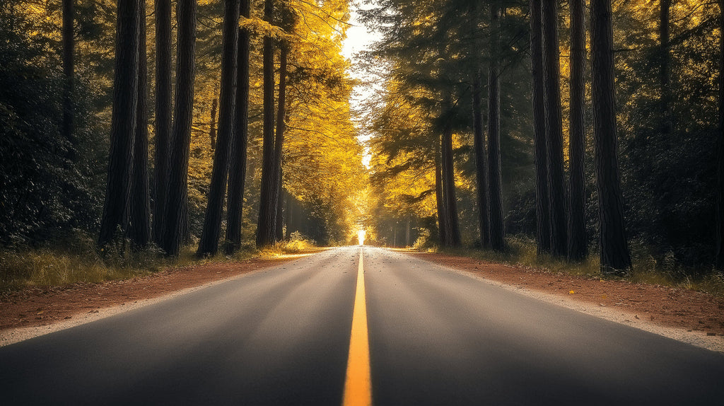 Forest road with golden trees design file showing detailed autumn colors and path perspective