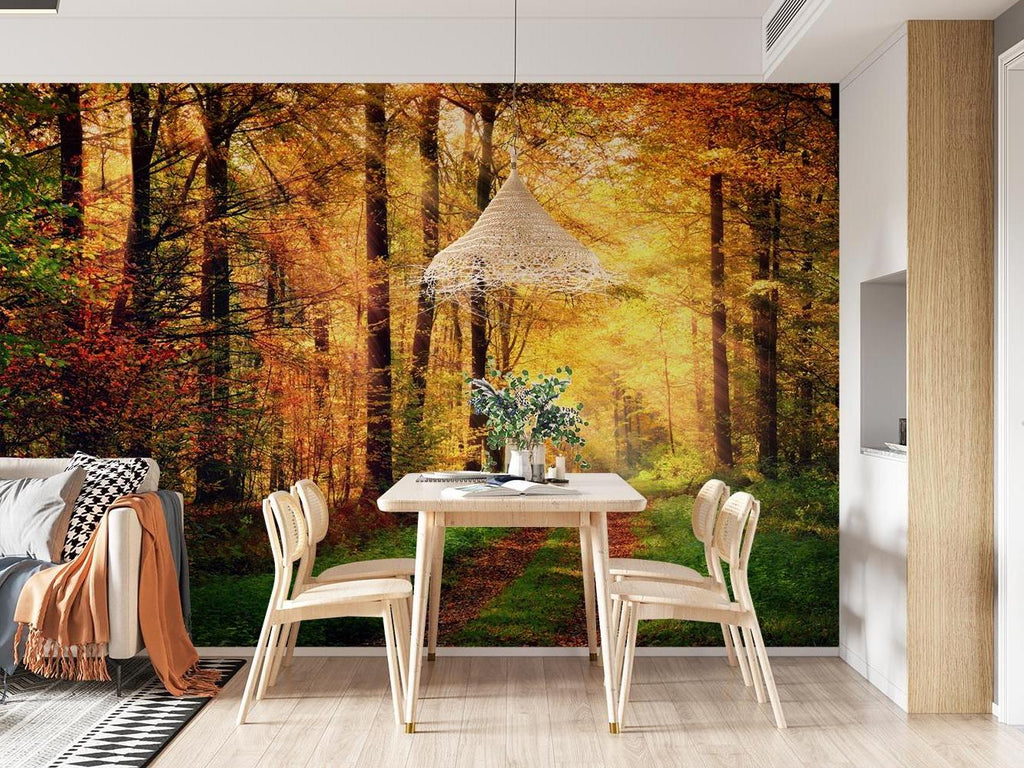 Woodland path wallpaper transforming dining room with warm autumn colors