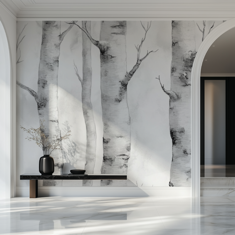 Nordic forest wall mural in cozy bedroom showing striking black and white birch tree pattern