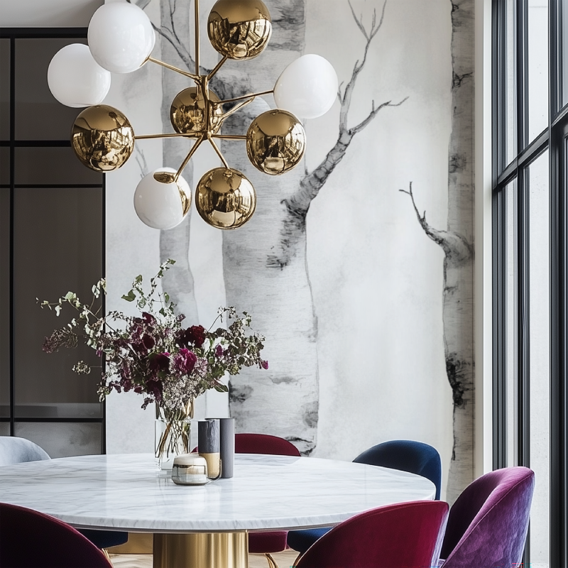 Monochrome birch tree wallpaper making statement in dining room with modern furniture