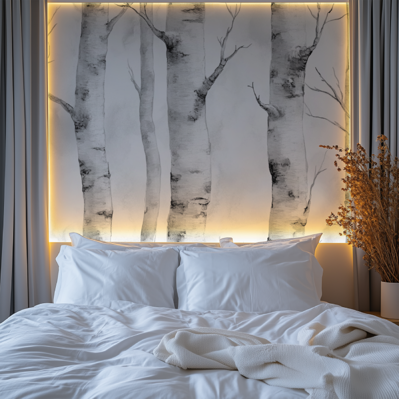 Scandinavian style hallway featuring dramatic birch tree wall covering in black and white