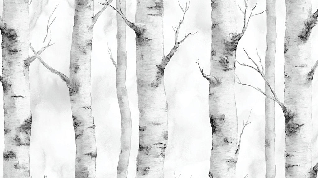 Black and white birch forest wallpaper design file showing detailed trunk and branch pattern