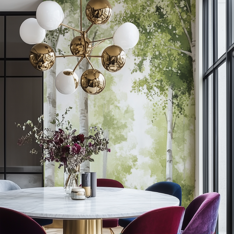 Birch forest wallpaper creating a calm atmosphere in a modern living room with natural light