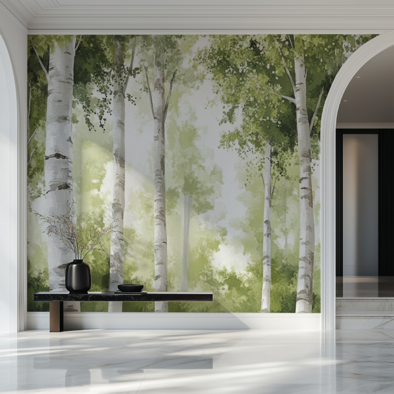 Forest wallpaper bringing nature indoors in a minimalist dining space
