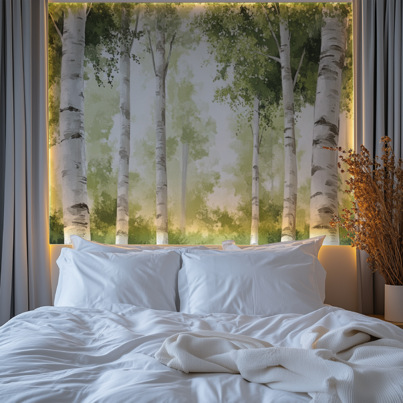 Green forest mural creating a natural focal point in an entrance hall