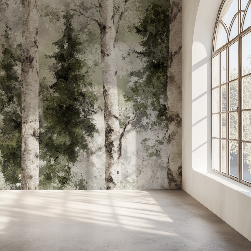 Bedroom with forest wall mural creating peaceful atmosphere with birch trees