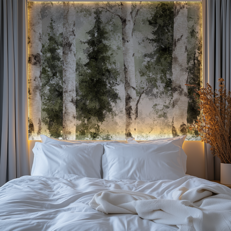 Home office featuring birch tree wallpaper with soft green misty background