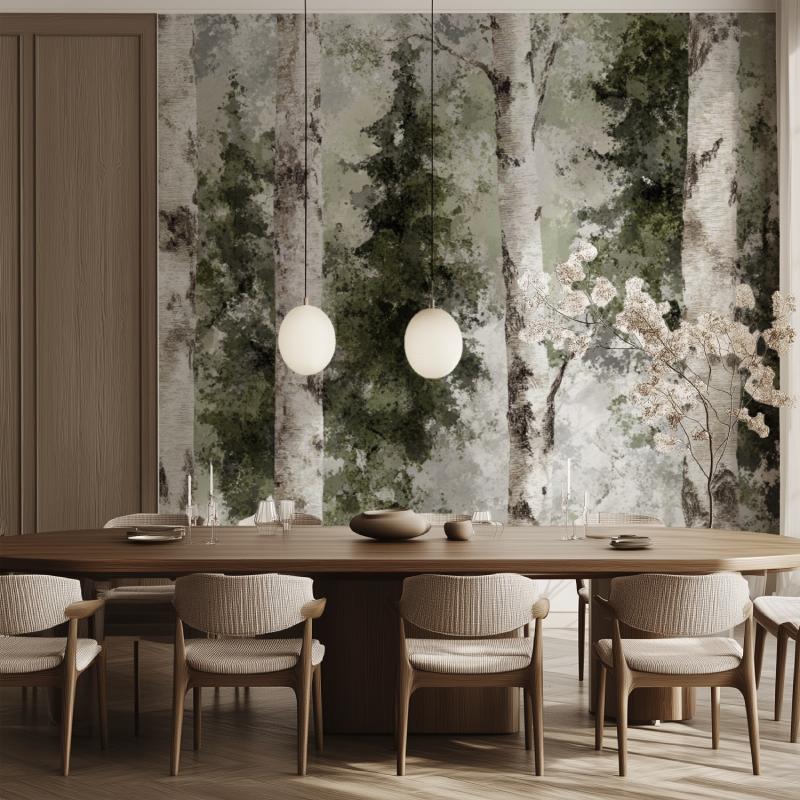 Dining room with forest mural showing depth and texture of birch bark