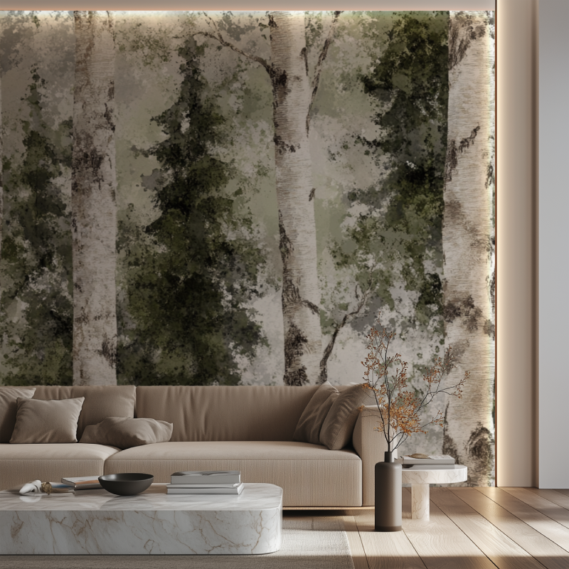 Forest wallpaper in hallway showcasing misty green effects and white birch trunks