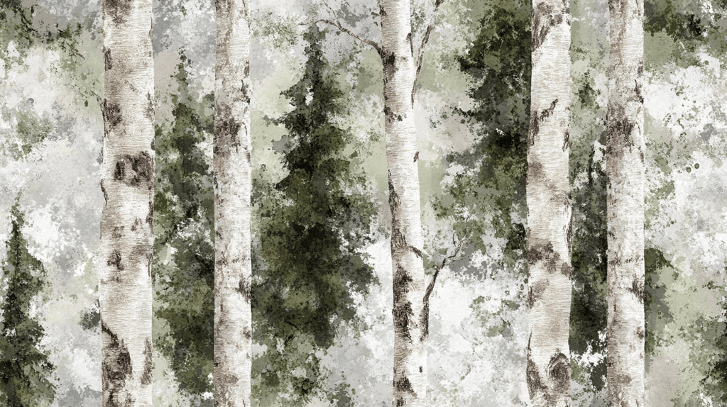 Design file showing detailed birch tree pattern with misty green forest effect