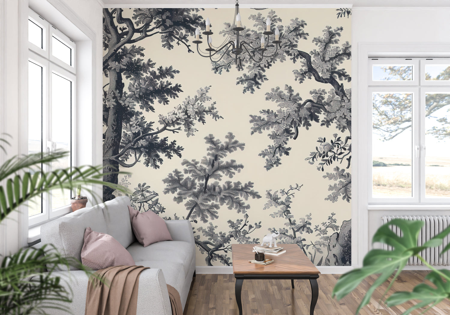 Elegant dining room featuring black forest mural wallpaper with detailed tree scenes