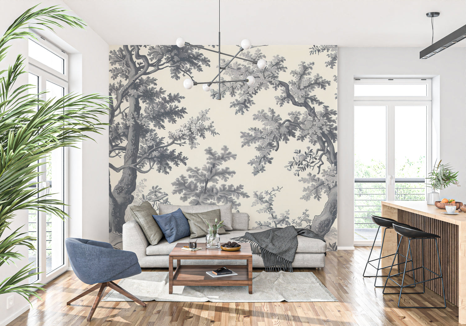 Master bedroom with black and beige Toile de Jouy forest wallpaper creating calm atmosphere