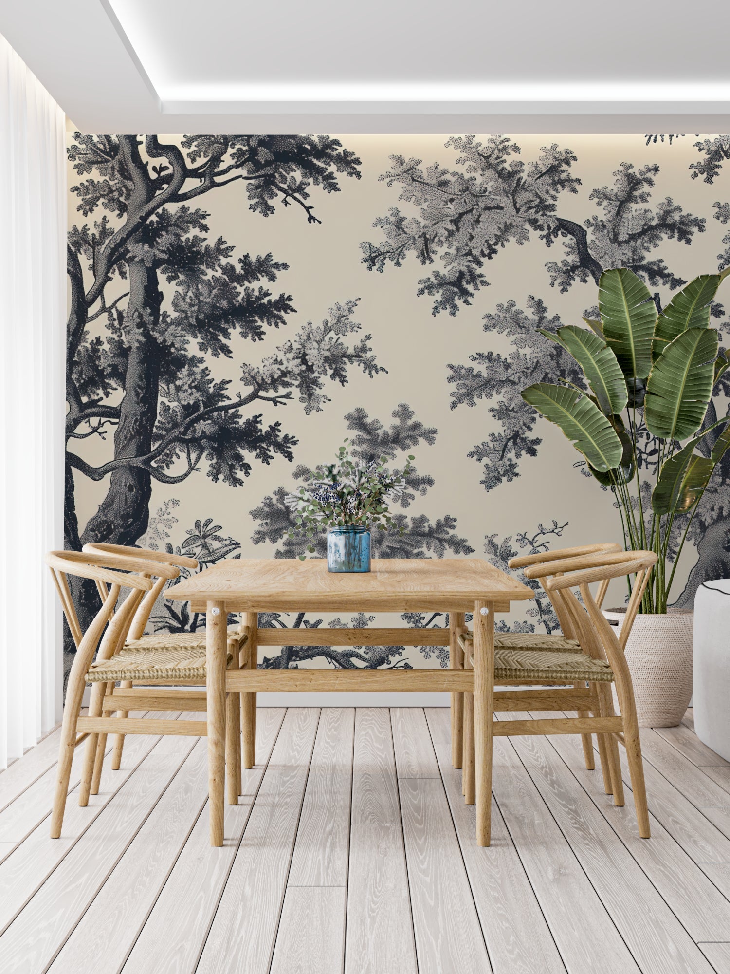 Home office space showcasing forest scene wallpaper in sophisticated black and beige tones