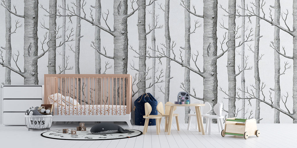 Forest mural creating calm atmosphere in modern hallway