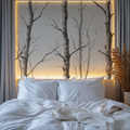 Black and white birch tree mural in modern Scandinavian living room creating depth and atmosphere