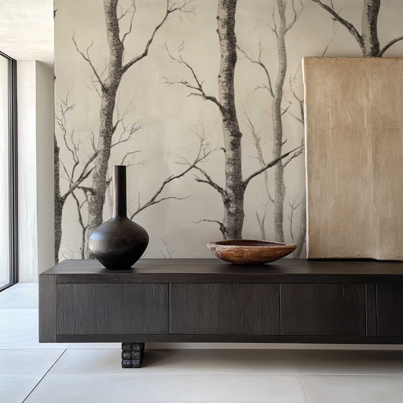 Monochrome forest wallpaper in cozy bedroom showing scale and contrast