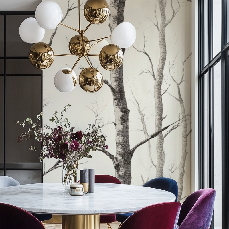 Black and white forest mural in dining room with natural lighting