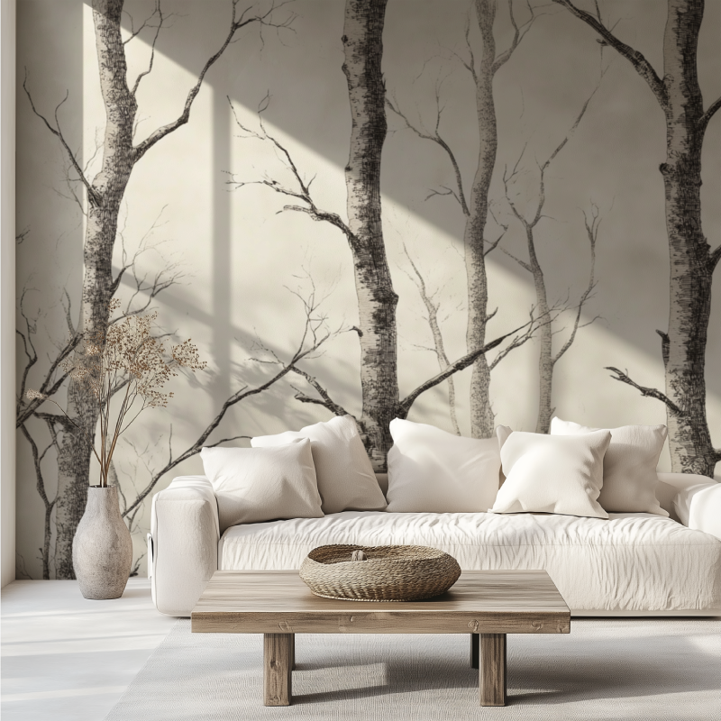 Forest wallpaper creating depth in minimalist hallway space