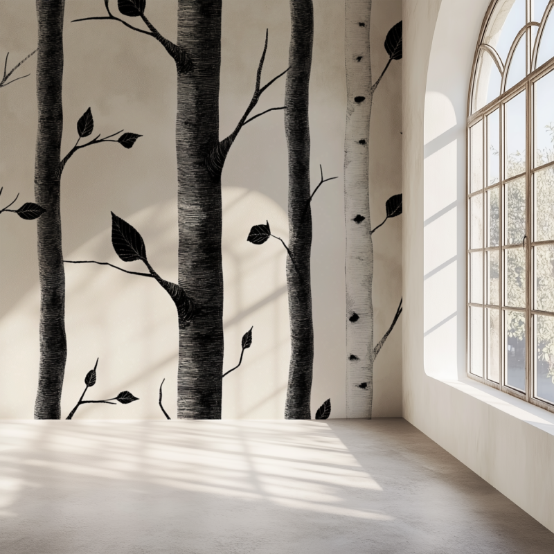Black and white birch forest wallpaper in a modern living room with gray sofa