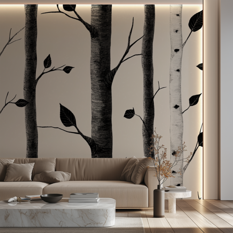 Monochrome tree mural creating depth in a minimalist bedroom