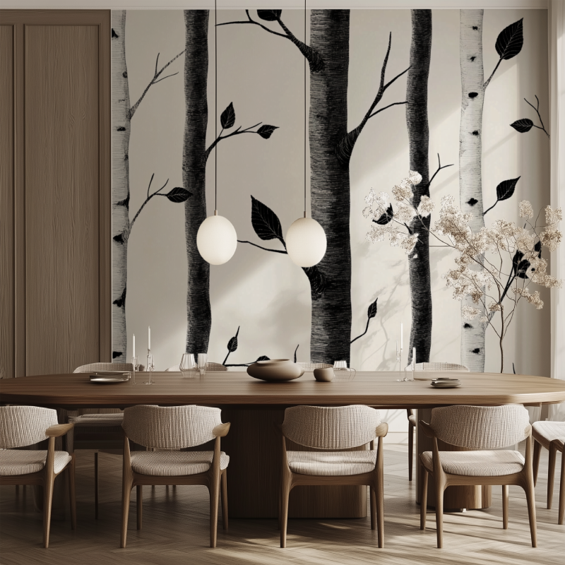 Birch tree wallpaper in a stylish dining room with natural light