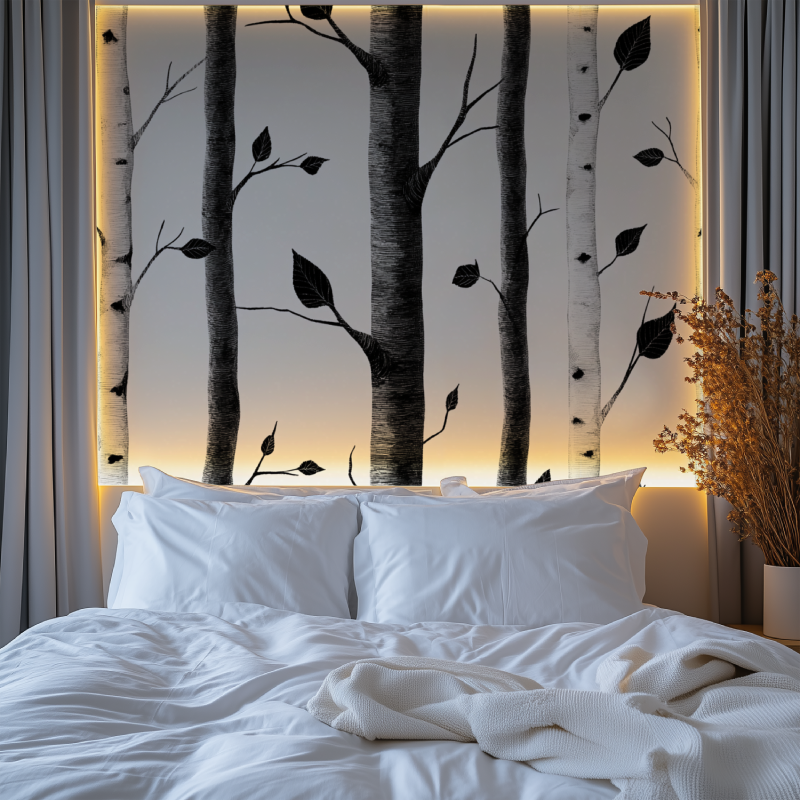Black and white forest wallpaper making a statement in home office