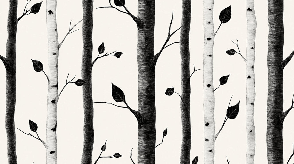 Black and white birch forest wallpaper design file showing intricate trunk details and leaf patterns