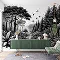 Black and white forest wallpaper creating depth in a minimal Scandinavian living room with natural light