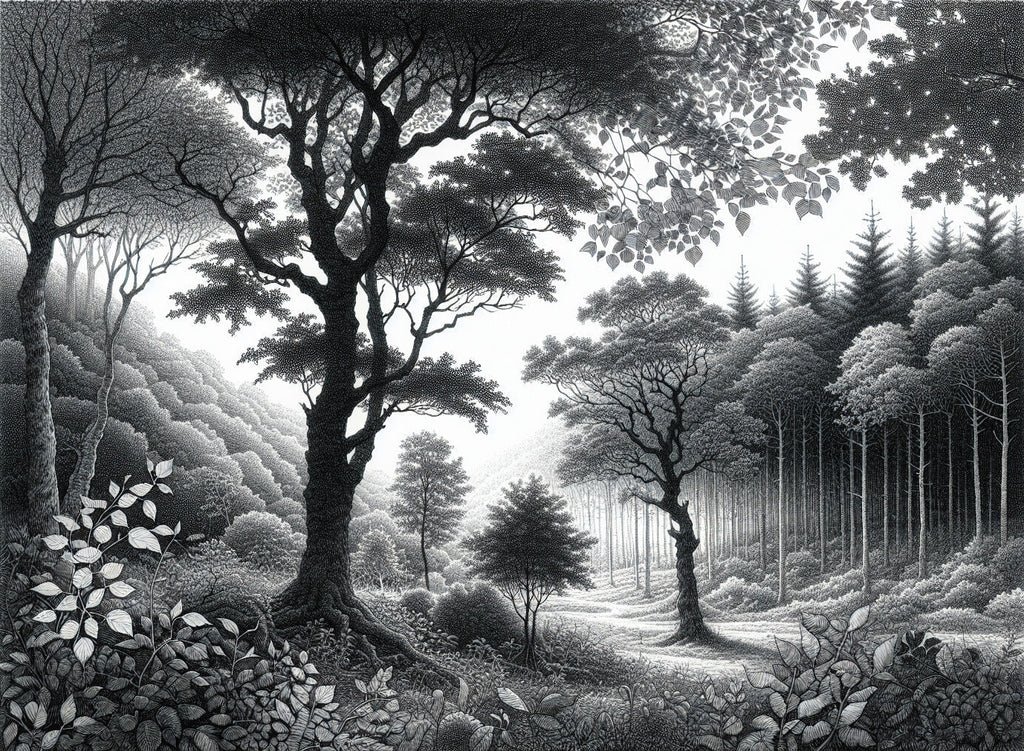 Black and white forest scene design file showing detailed tree silhouettes and misty backdrop