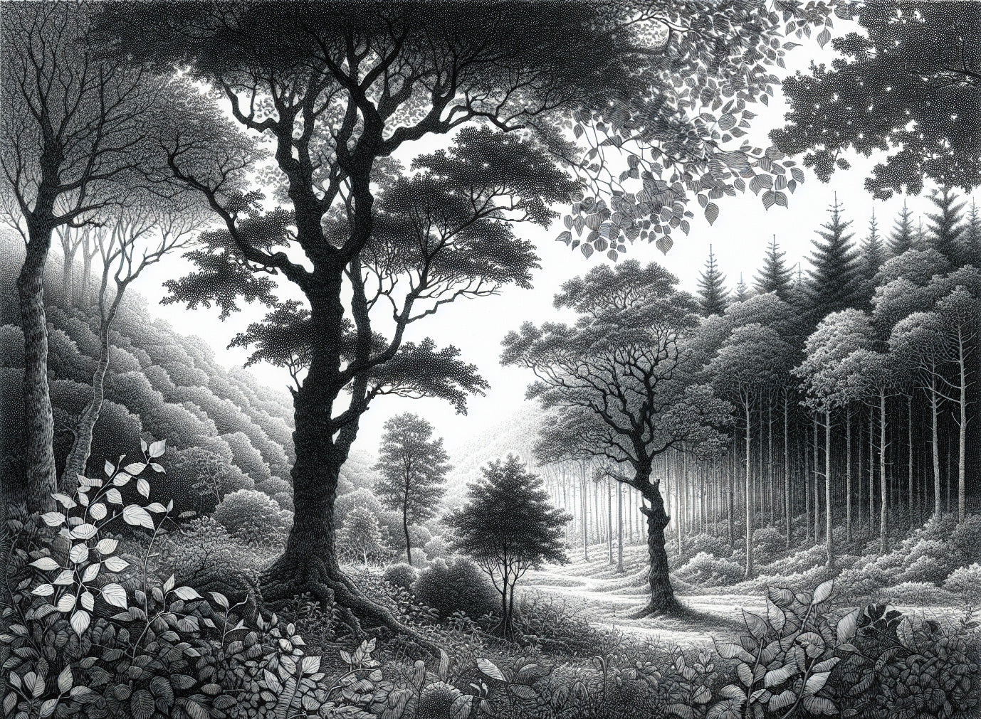 Black and white forest scene design file showing detailed tree silhouettes and misty backdrop