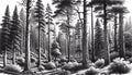 Black and white forest mural wallpaper creating depth in modern living room with grey sofa