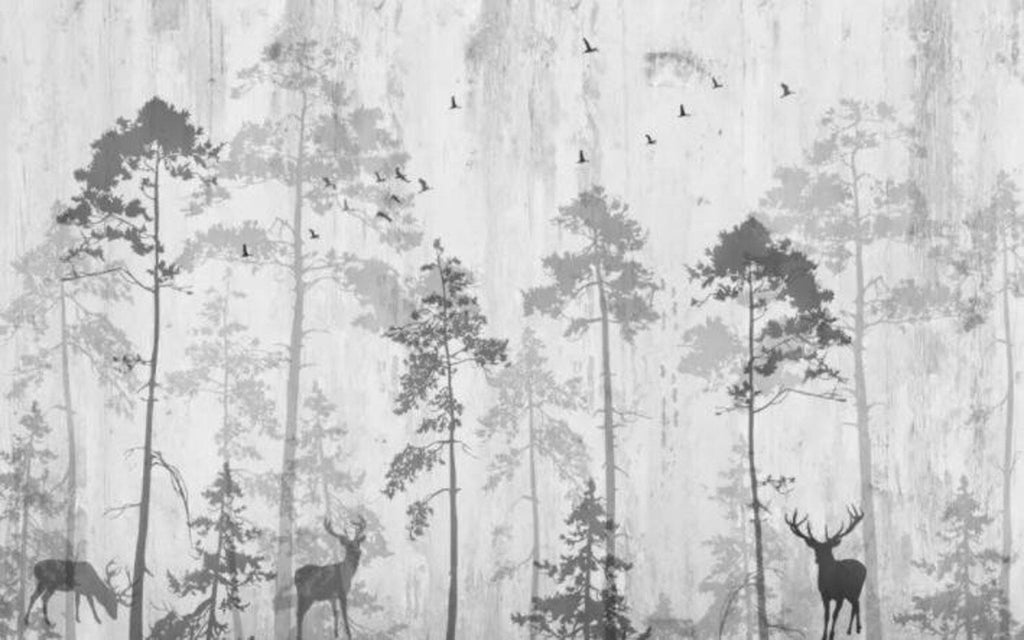 Design file showing detailed black and white pine trees and birds pattern