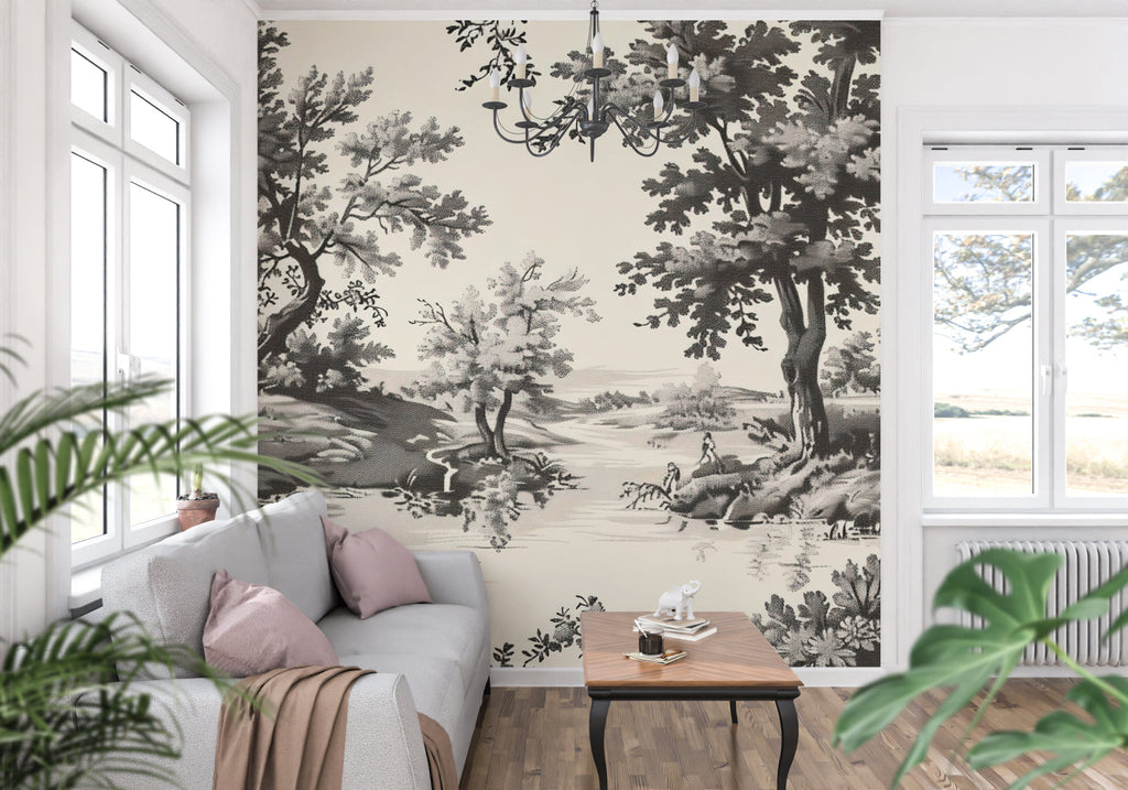 Scenic black and white tree mural making statement in master bedroom