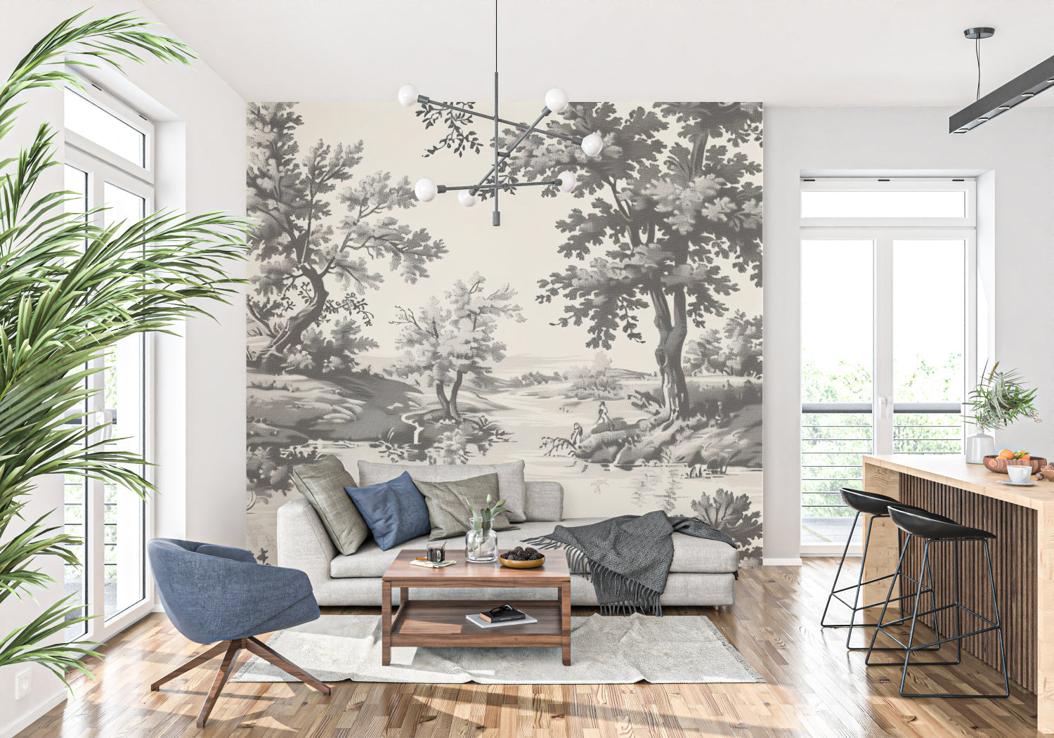 Forest wall mural in home office creating peaceful work environment