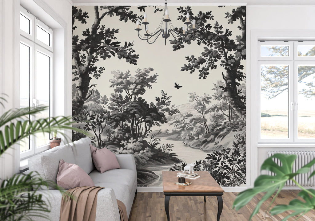 Toile de jouy forest wallpaper creating elegant atmosphere in master bedroom